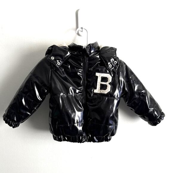 Girls Hooded Puffer Bomber Jacket | Black Vinyl 18M Initial Jacket Letter B - Picture 1 of 5